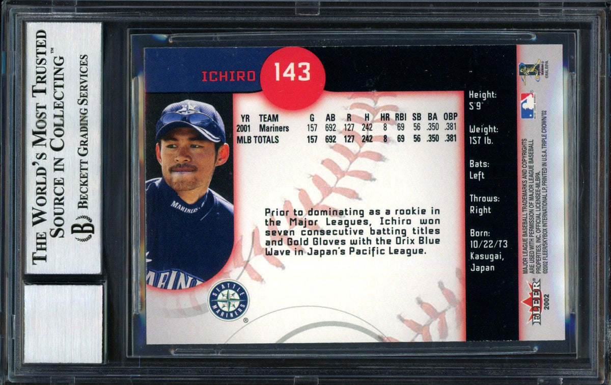Ichiro Suzuki Autographed 2002 Fleer Triple Crown Card #143 Seattle Mariners Auto Grade 10 Beckett BAS #12491180