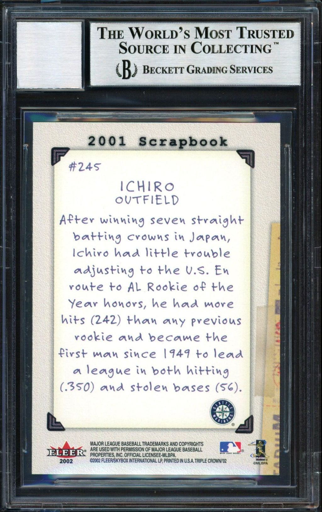 Ichiro Suzuki Autographed 2002 Fleer Triple Crown Scrapbook Card #245 Seattle Mariners Auto Grade 10 Beckett BAS #12491205