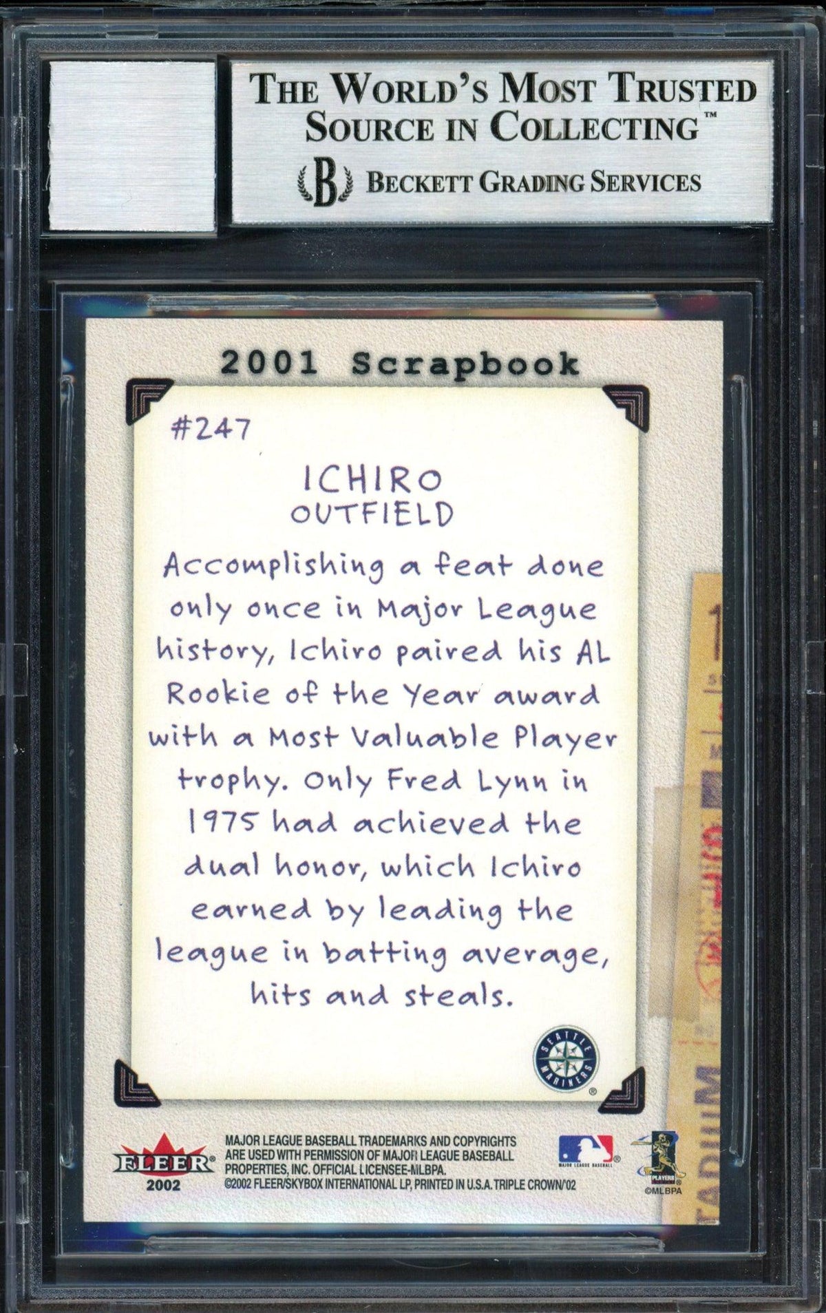 Ichiro Suzuki Autographed 2002 Fleer Triple Crown Scrapbook Card #247 Seattle Mariners Auto Grade 10 Beckett BAS #12491207