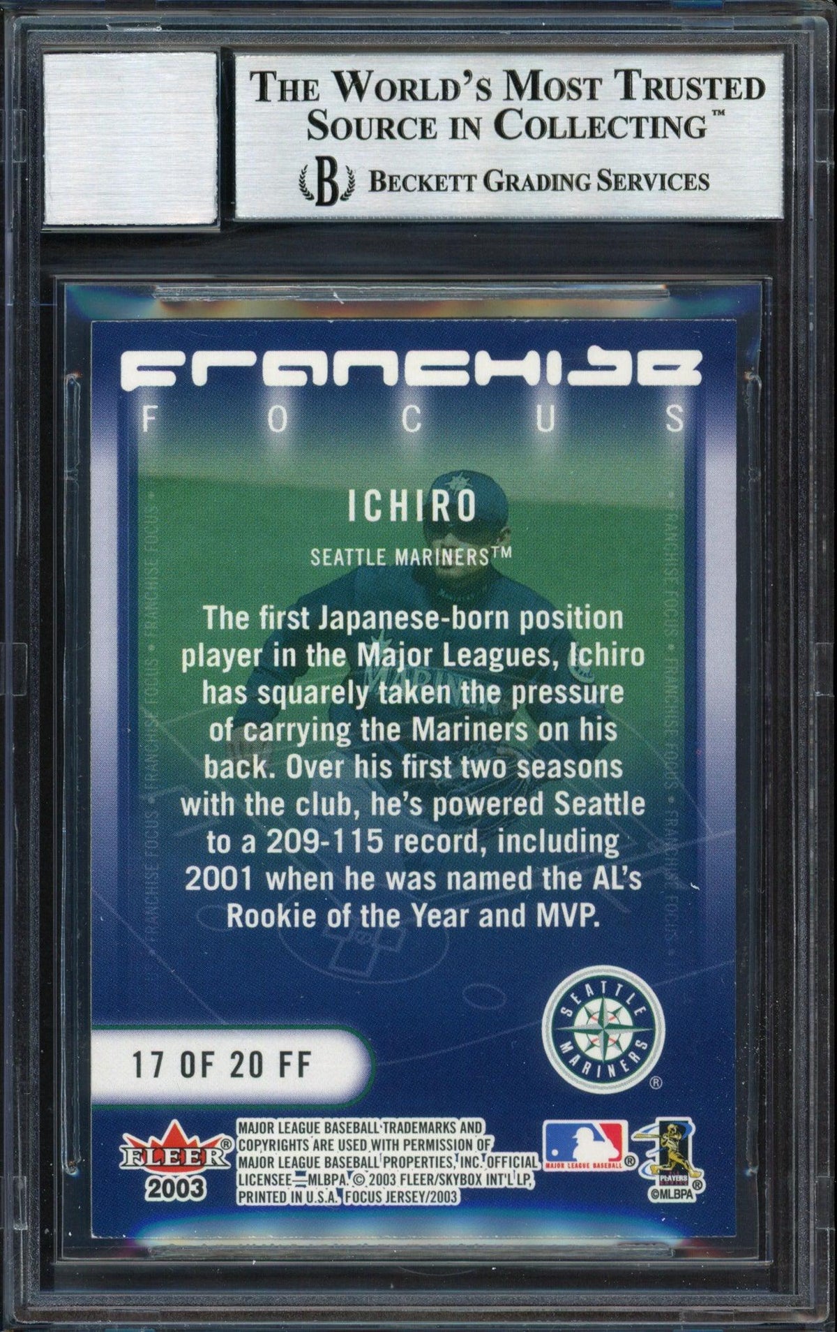 Ichiro Suzuki Autographed 2003 Fleer Focus Jersey Edition Franchise Focus Card #17 Seattle Mariners Auto Grade 10 Beckett BAS #12491257