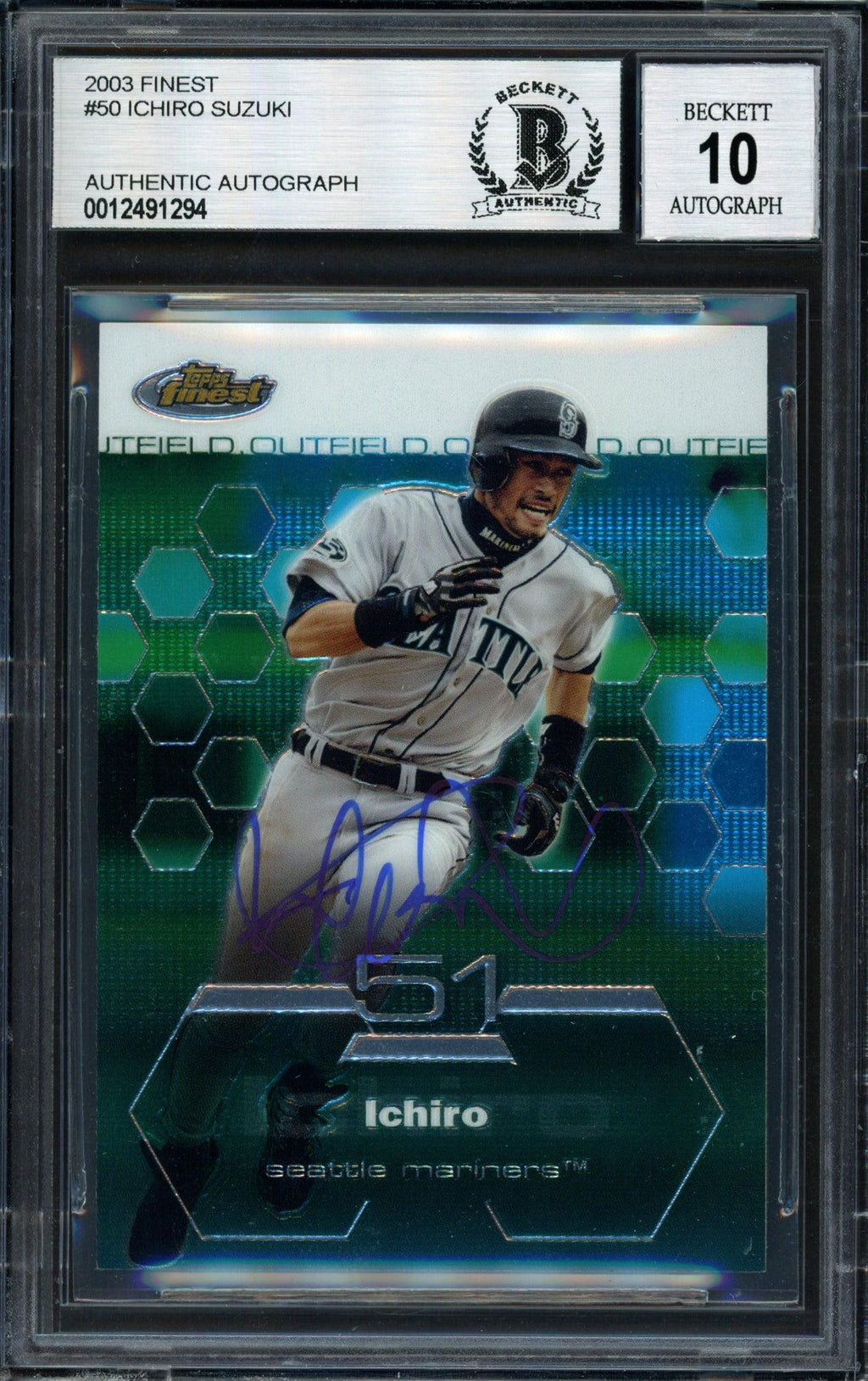 Ichiro Suzuki Autographed 2003 Topps Finest Card #50 Seattle Mariners Auto Grade 10 Beckett BAS #12491294