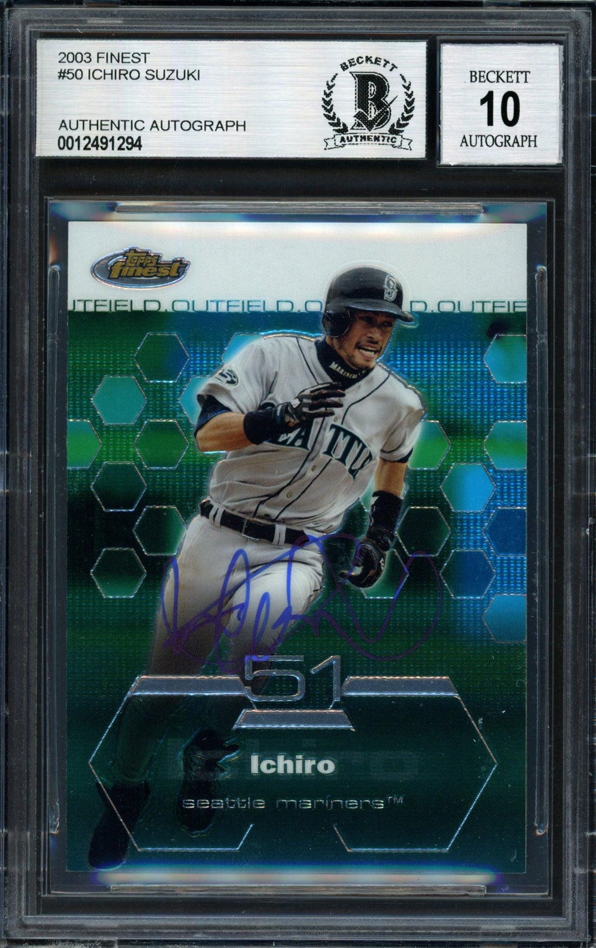 Ichiro Suzuki Autographed 2003 Topps Finest Card #50 Seattle Mariners Auto Grade 10 Beckett BAS #12491294