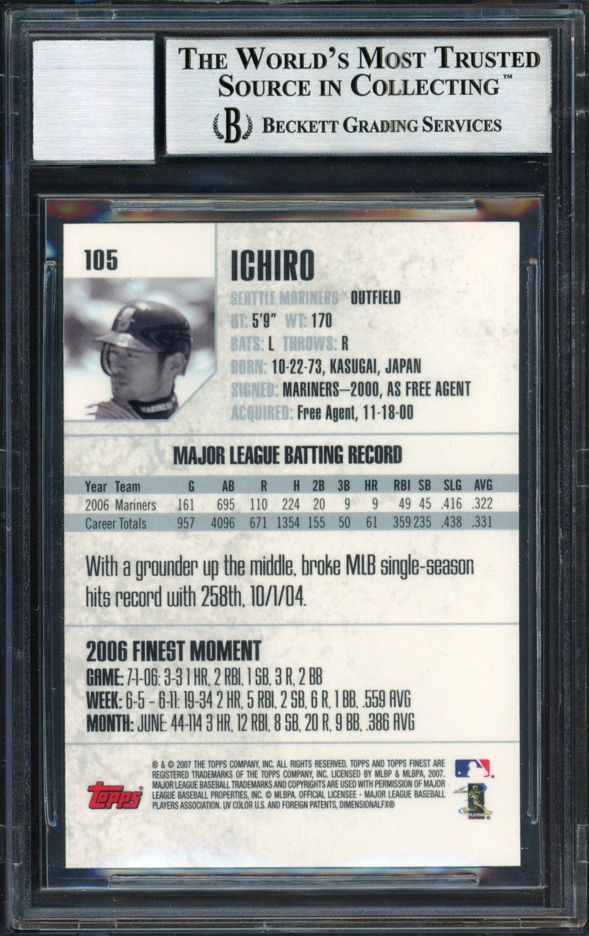 Ichiro Suzuki Autographed 2007 Topps Finest Card #105 Seattle Mariners Auto Grade 10 Beckett BAS #12491480