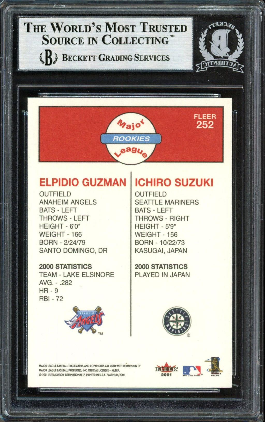 Ichiro Suzuki Autographed 2001 Fleer Platinum Rookie Card #252 Seattle Mariners Beckett BAS #12491570
