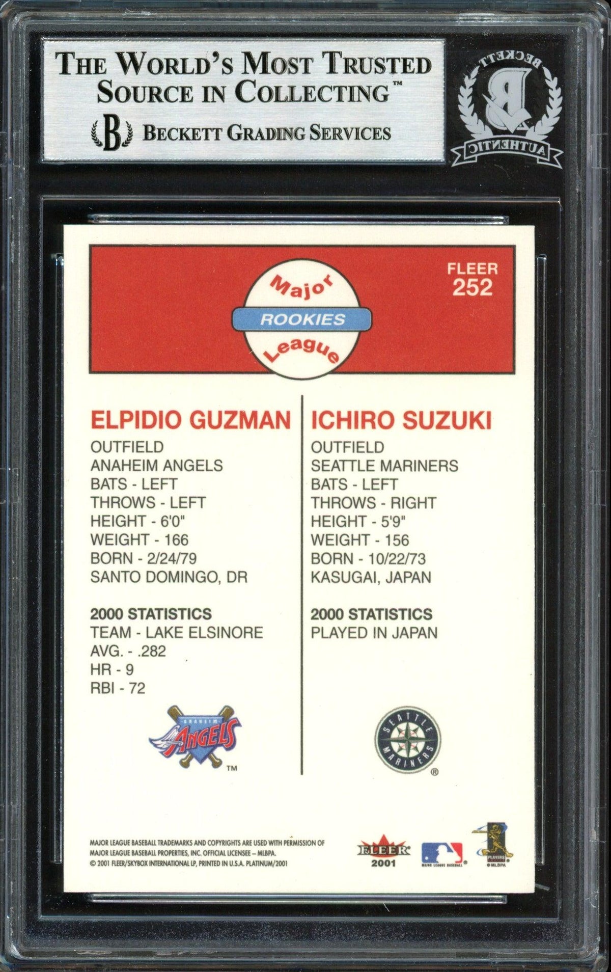 Ichiro Suzuki Autographed 2001 Fleer Platinum Rookie Card #252 Seattle Mariners Beckett BAS #12491570