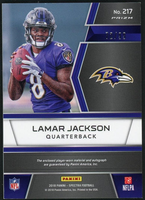 2018 Panini Spectra Prizm Lamar Jackson #217 RC Rookie Patch Auto /99 – back