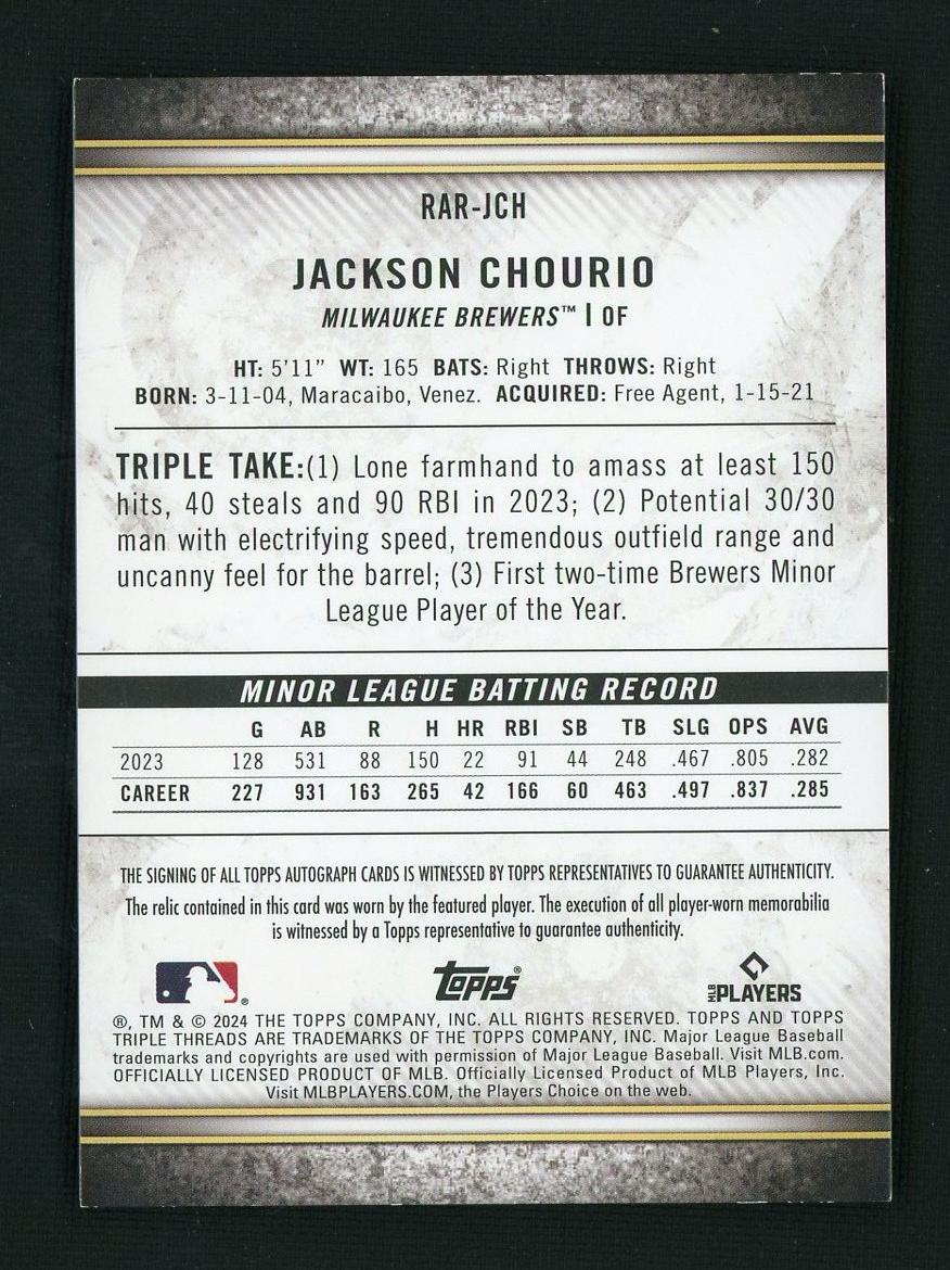 2024 Topps Triple Threads RAR-JCH Jackson Chourio Rookie /45 Milwaukee Brewers Auto